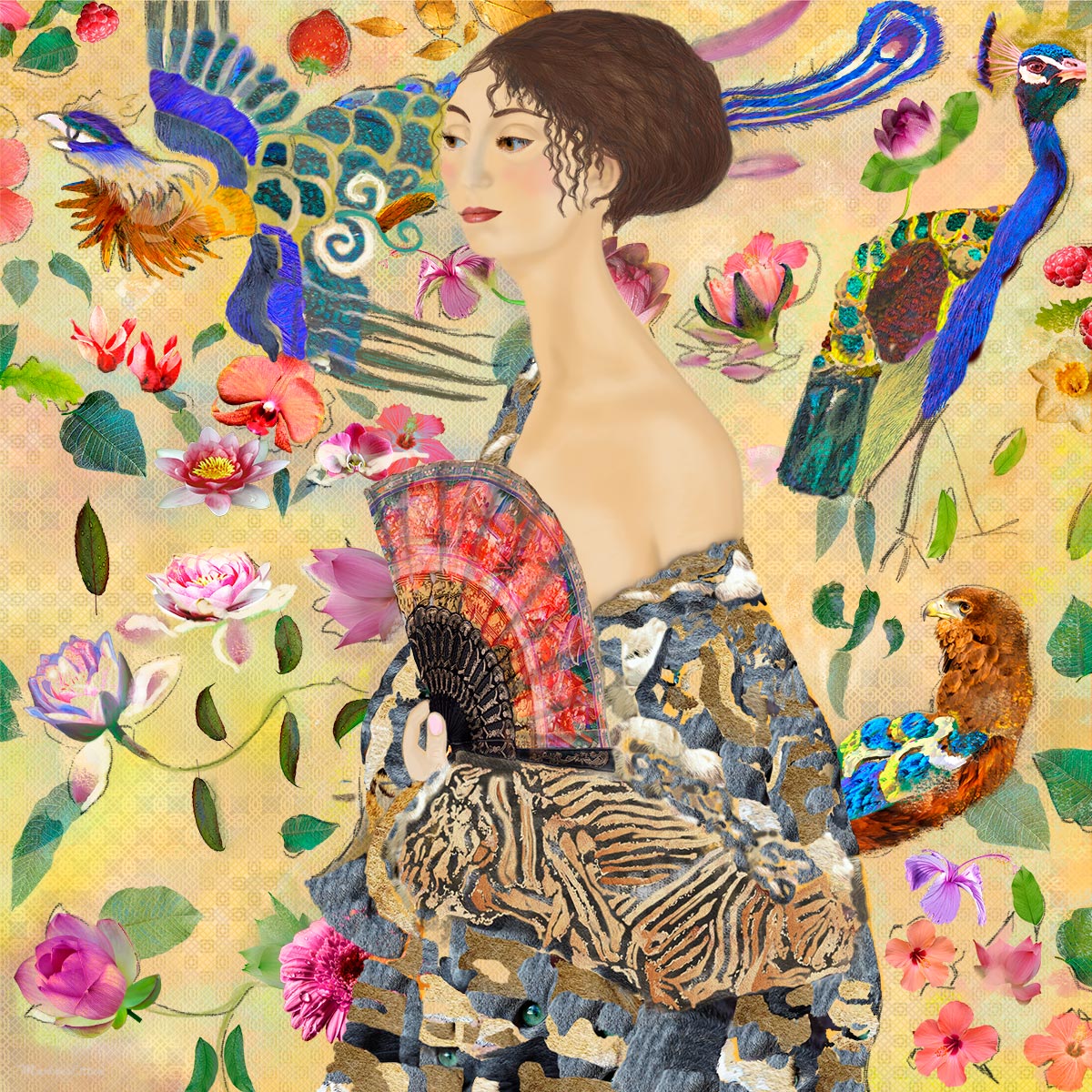 digitaal kunstwerk van Marloes Otten met een vrouw tegen gele achtergrond met art deco motief, bloemen en vogels. Het schilderij is gebaseerd op een schilderij van Gustav Klimt.