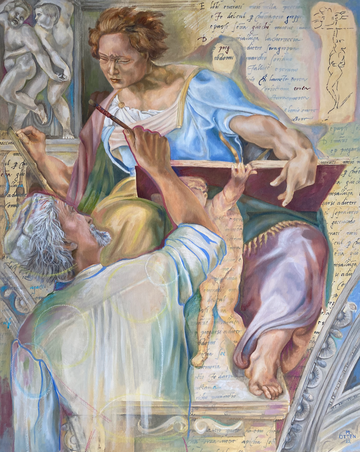 Michelangelo aan het werk in de Sixtijnse kapel met een detail van het plafond. Het detail is Daniel. Op het schilderij staan teksten van zijn brief en een door Michelangelo gemaakt spotprentje 