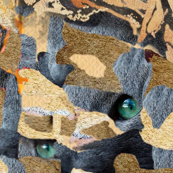 detail van kattenogen in de jas van de vrouw op het kunstwerk Klimt 2.0 van Marloes Otten