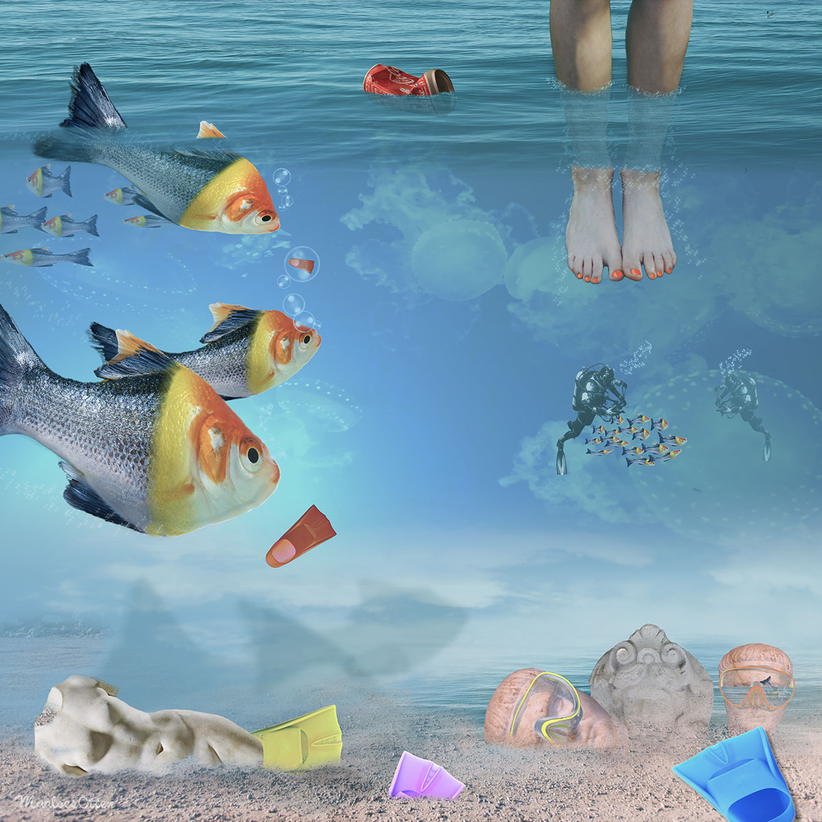 digitaal kunstwerk Lemonfish door Marloes Otten met onderwater en bovenwater zich met vis doorsneden met citroenschijf
