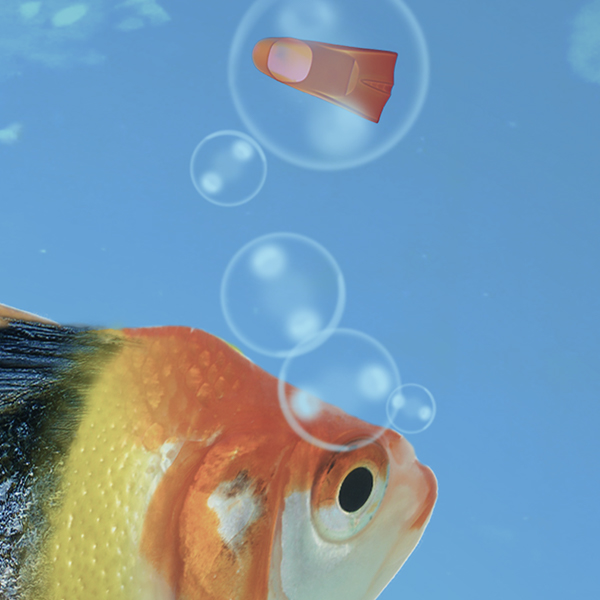 detail van vis en bubble in kunstwerk Lemonfish, digitaal kunstwerk door Marloes Otten