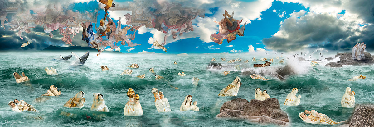 Digitaal kunstwerk van Marloes Otten met zee en drijvende porceleinen beelden. In de lucht een detail van een plafondschildering uit Rome