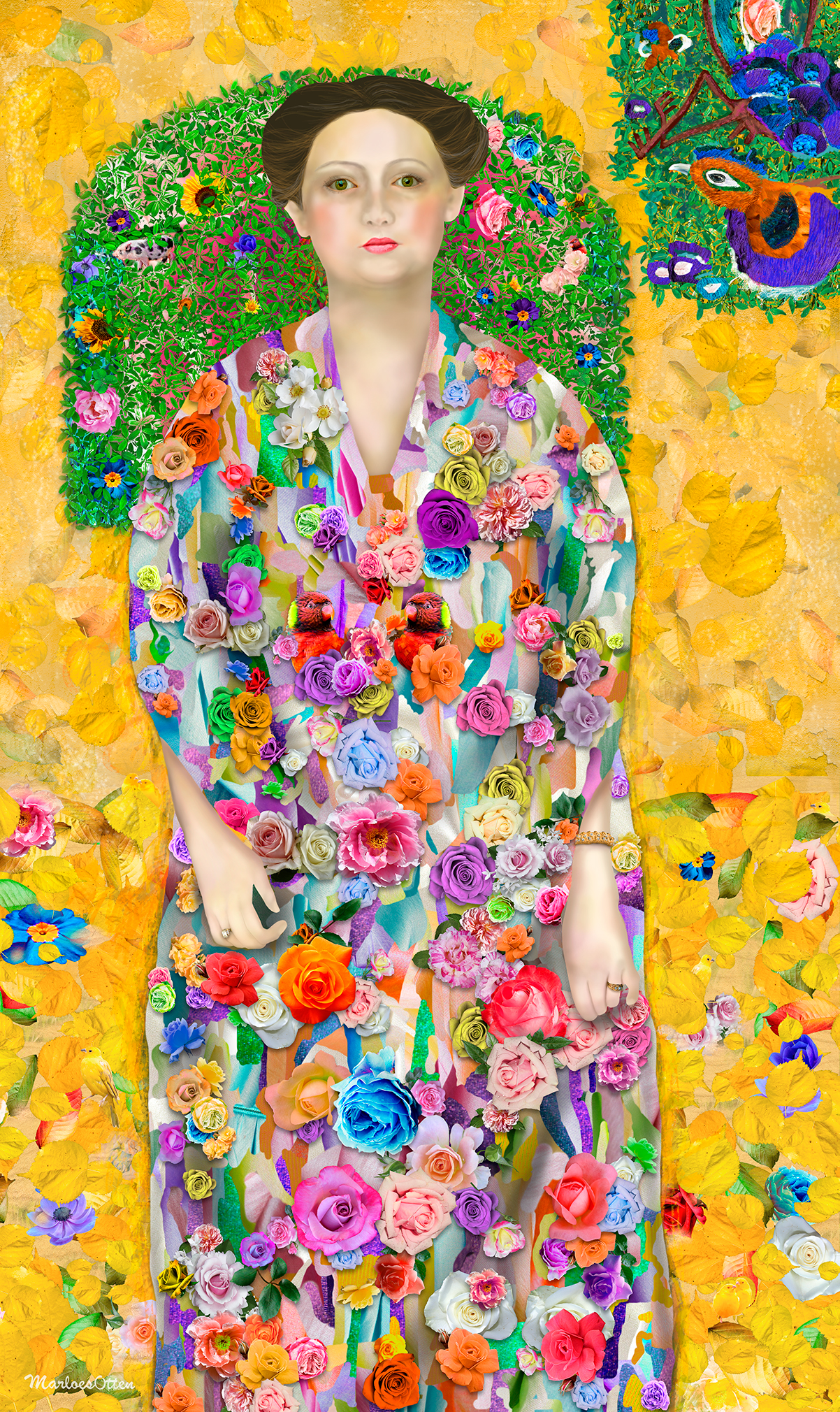 digitaal kunstwerk van Marloes Otten maar Klimt's Eugenia Primavesi. De jurk heeft rozen in vele kleuren. Op de achtergrond zijn gele bladeren zichtbaar met link en rechts een kuikentje