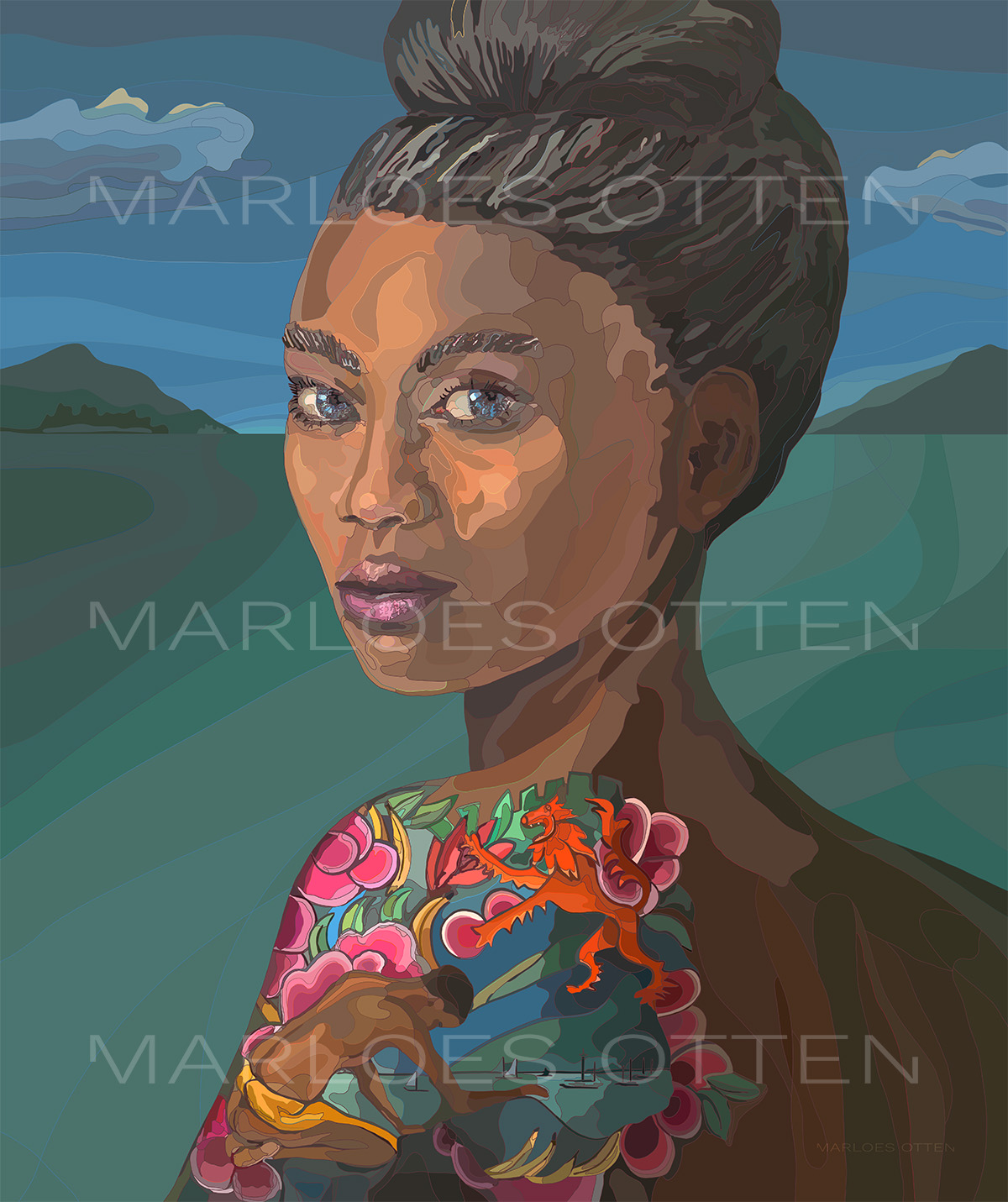 digitaal kunstwerk van Marloes Otten naar een olieverfschilderij dat eveneens werd geschilderd door de kunstenares. Op het werk ziet u een vrouw afgebeeld met een tatouage waarvan de afbeelding is afgeleid van de afbeelding gerelateerd aan het slavernijverleden op de Gouden Koets