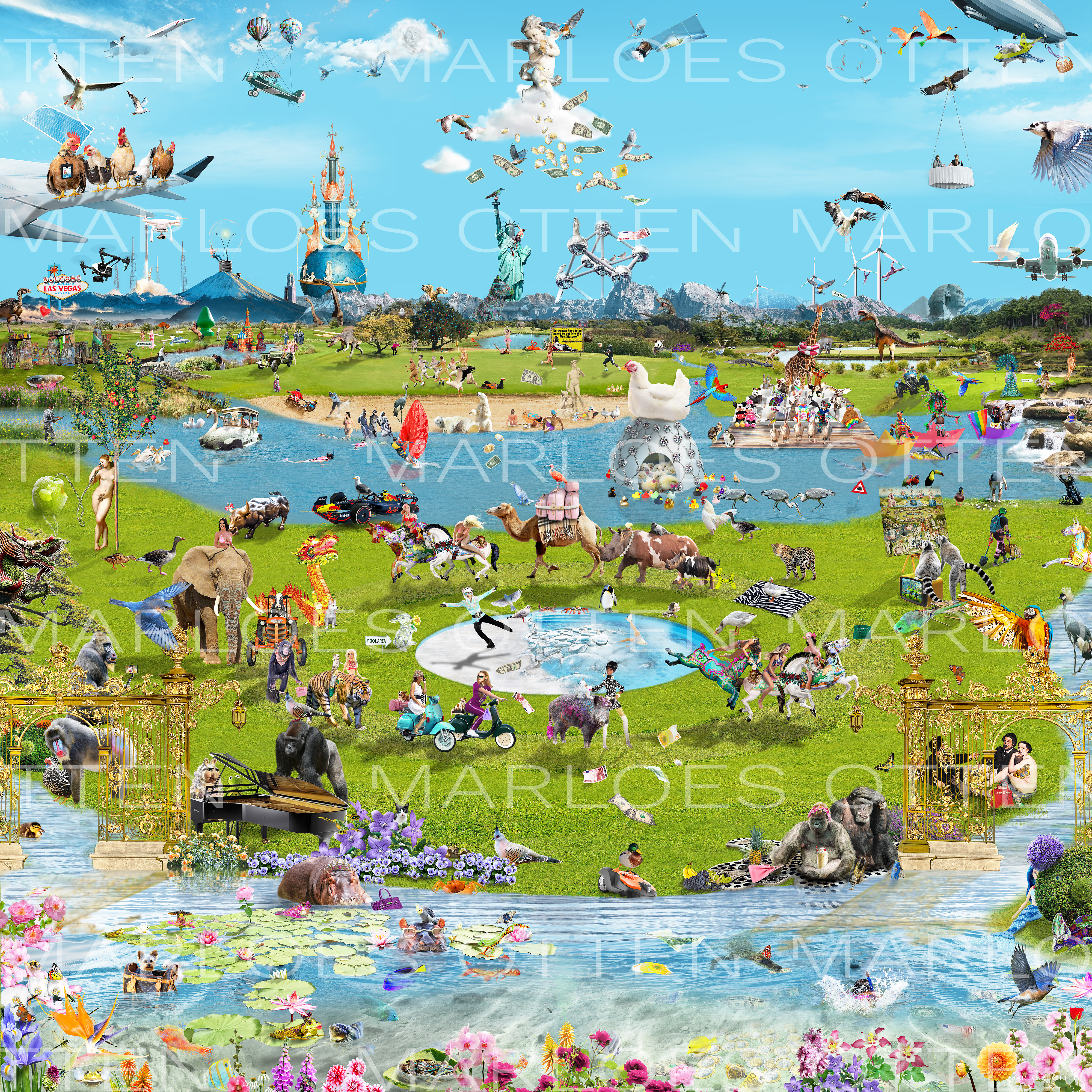 digitaal kunstwerk van Marloes Otten maar de Tuin der Lusten van Jheronimus Bosch. Een moderne versie van het klassieke werk, waarin tal van dieren en figuren figureren in een denkbeeldig landschap met meren, bergen, golfbanen, en nog veel meer. Hoofdkleuren: luchtblauw en heldergroen.