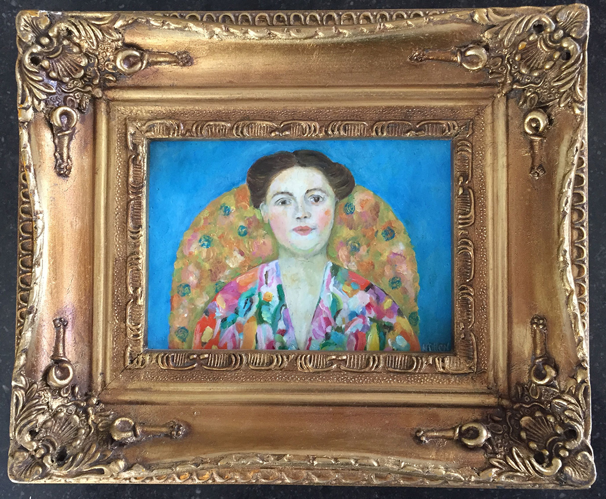 Oil painting bij Marloes Otten inspired on detail in Klimt's portrait of Eugenenia primavesi. Clear blue background.