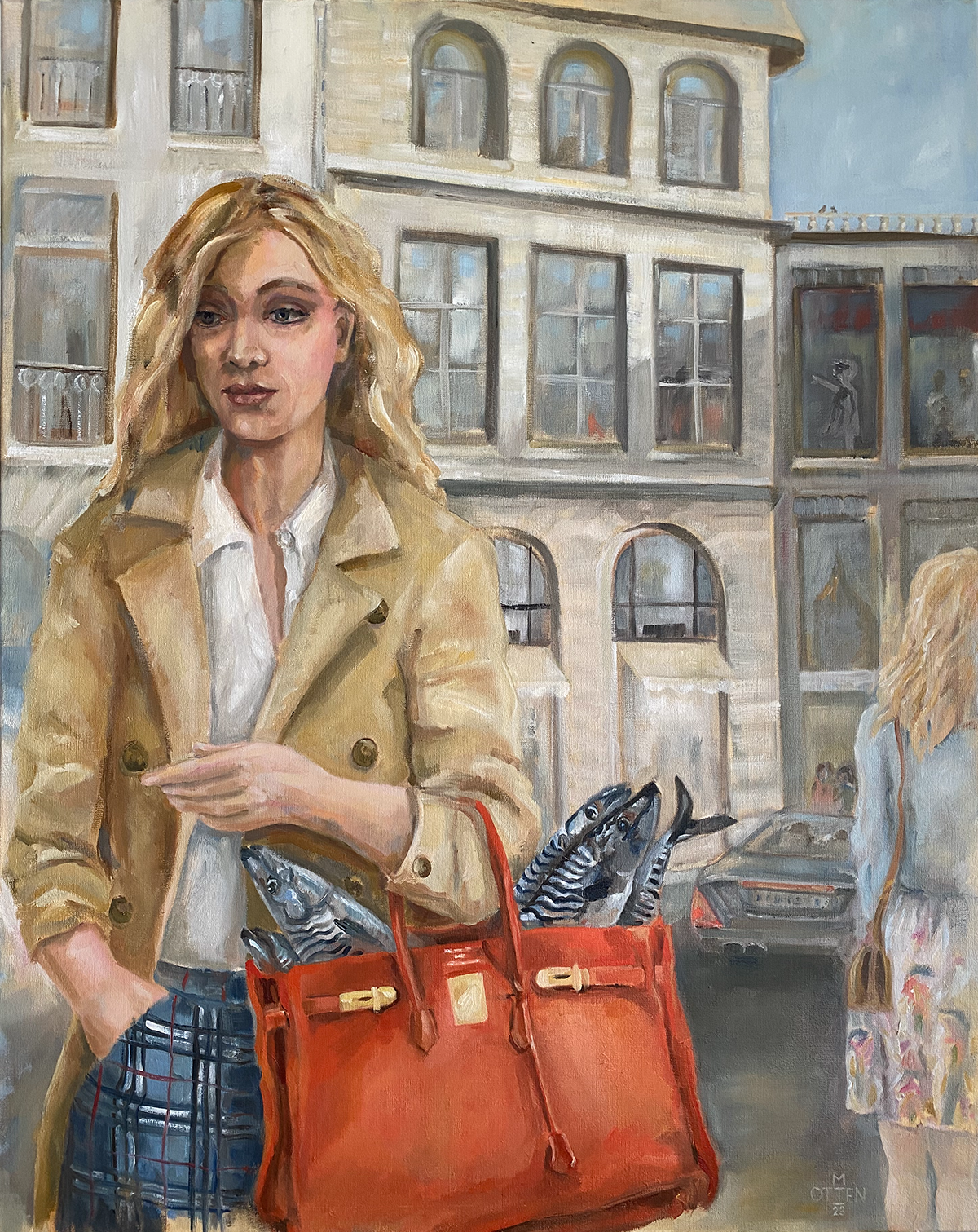 Schilderij van vrouw met rood oranje hermes tas in een parijse winkelstraat
