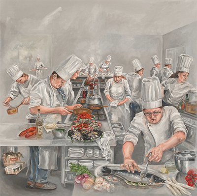 een kijkje in de keuken van een druk fictief restaurant met koks in witte kokskleding en traditionele koksmutsen
