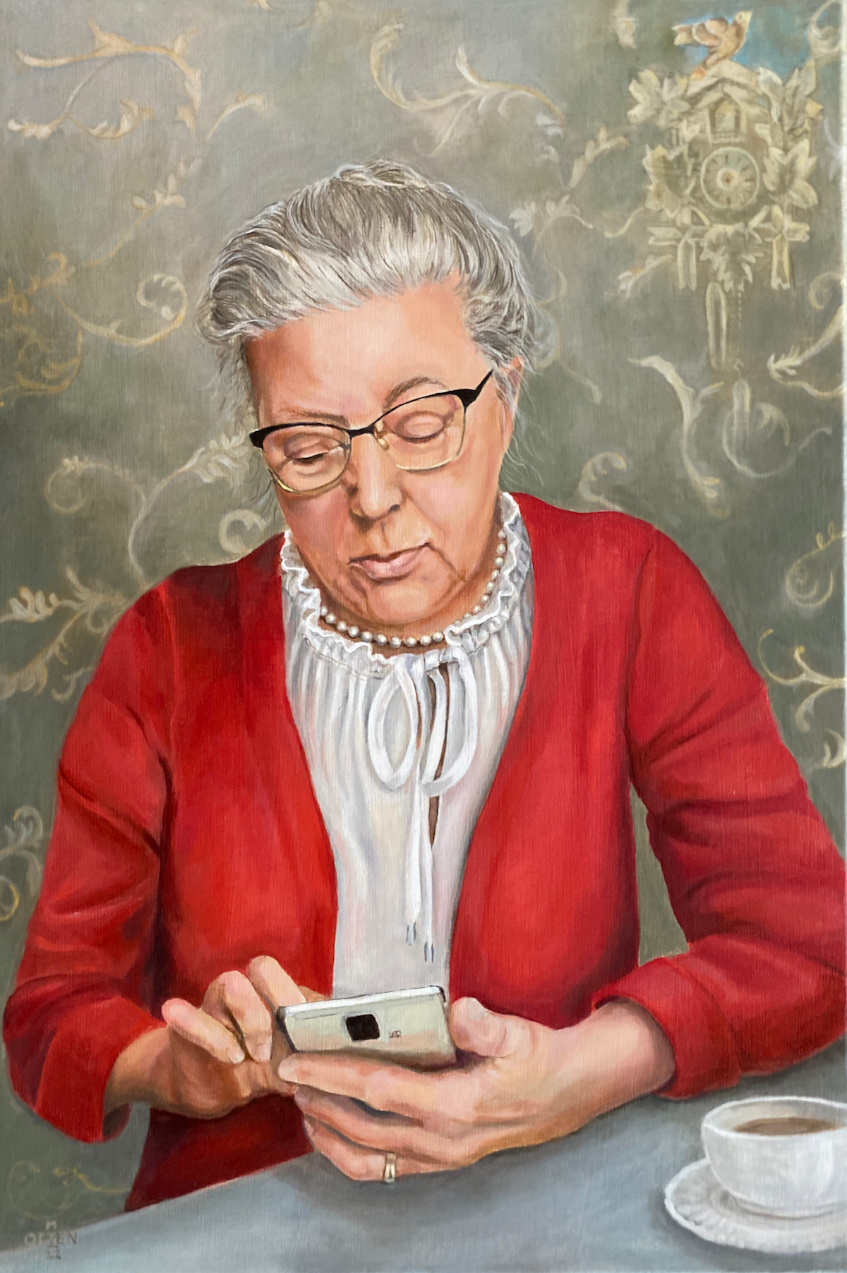 Schilderij in olieverf met een mooie dame in rood vestje, parelketting, telefoon