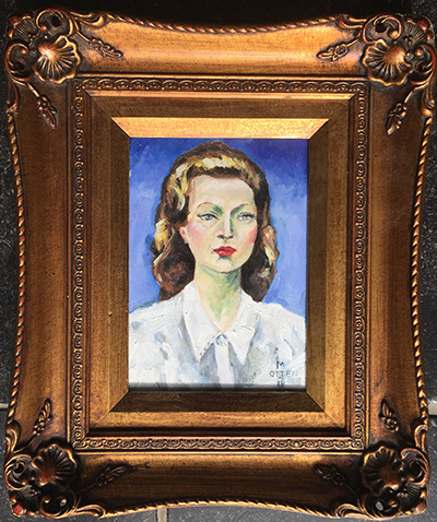 portret van vrouw gei&umlnspireerd op schilderij Mme Roger Bernheim door Kees van Dongen, witte blouse en blauwe achtergrond