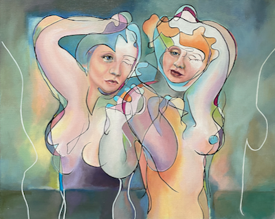 schilderij met twee vrouwen in felle kleuren met realistisch geschilderde gezichten en sterk omlijnde contouren