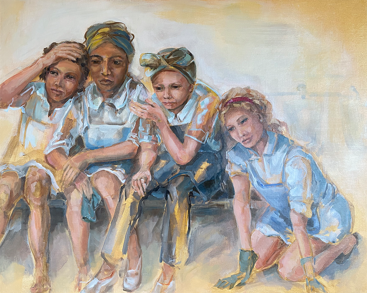 Schilderij met vier werkvrouwen in werkkleding in wit en blauw.