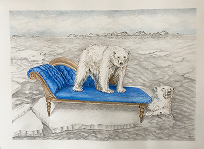 tekening met ijsbeer op blauw art deco bankje