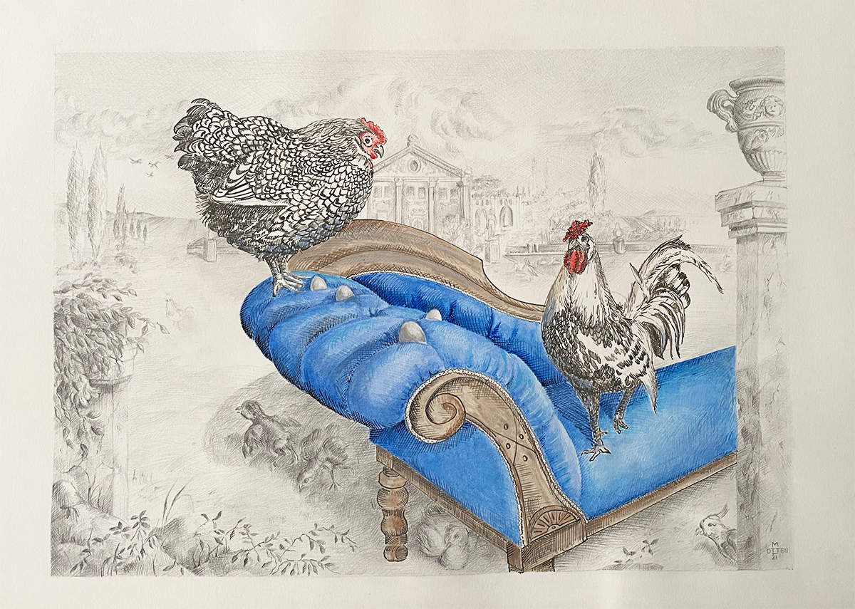 kippen op een blauw art-deco bankje in een landschap geinspireerd op Melchior de Hondecoeter